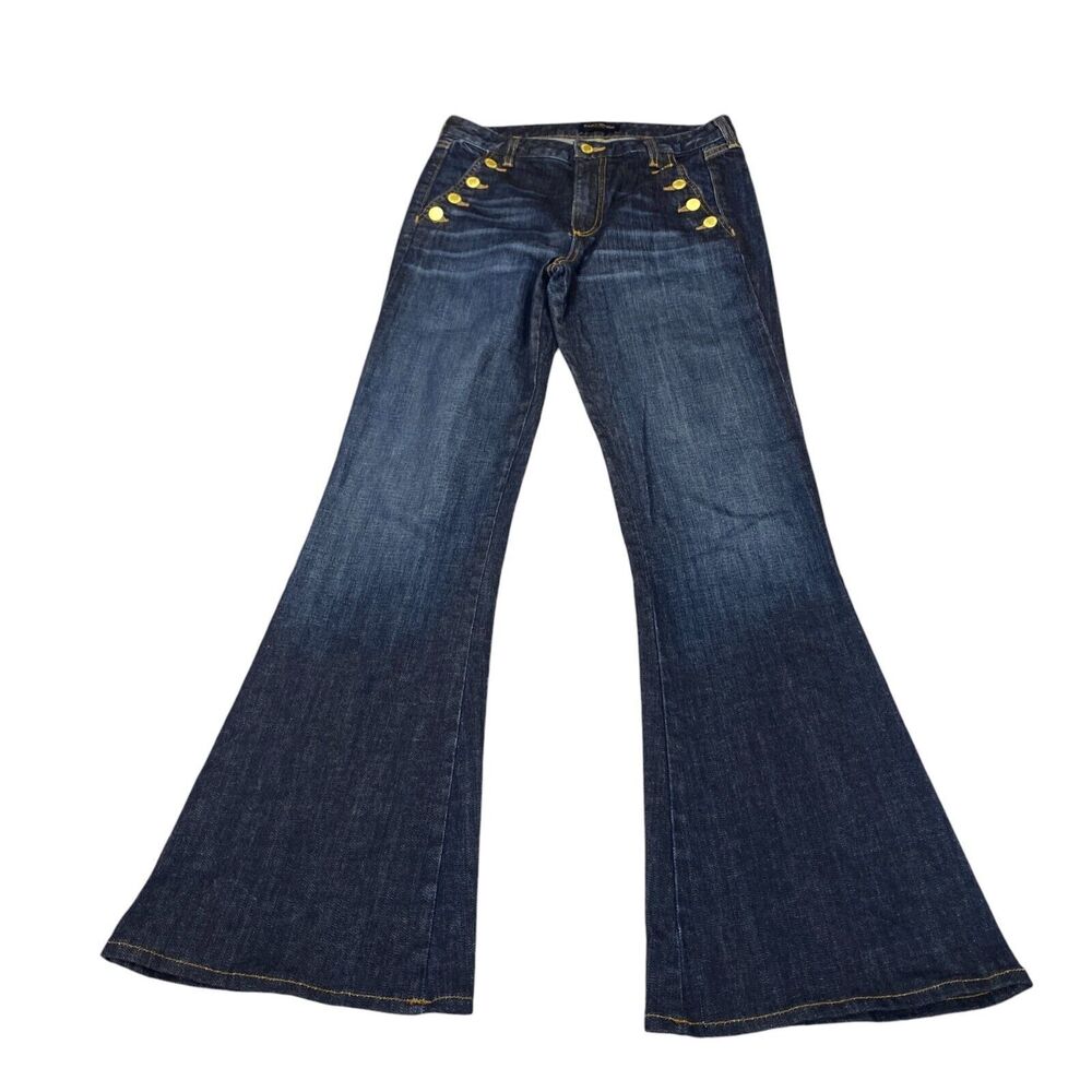 Ramy Brook Helena Jeans Womens Sz 28 Blue Denim High Rise Flared Leg Gold Button